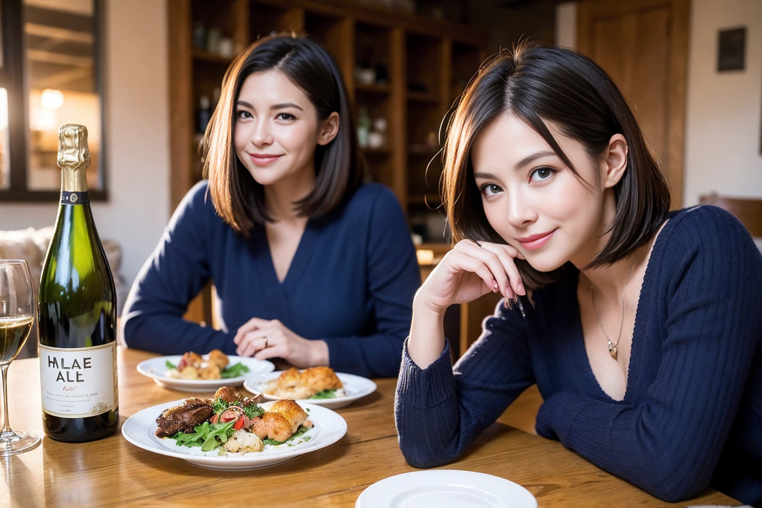 ((Highest quality、8K、masterpiece:1.3))、Sharp focus:1.2、Beautiful woman perfect body:1.4、最高のsmile、1 male 1 female、Beautiful couple、love love love、Lovers in Paris、Good friends、actress couple、smile、Full-course dinner at a packed table、Slim body、Slim body、((Bob Hale、Straight hair:1.2))、(to be born, Highest quality, masterpiece:1.5), (Realistic, Intricate details:1.2), Wine glasses on the table、Put the light on your face、 Amazing view of the sunset sky and clouds、Amazing mountain views、ニコニコ明るいsmile、smileのな女性、Bright image、2. The beauty of wine, Beautiful Face, blue eyes, The light shines on your face, Blushing, short hair,Bright Face、43 years old), 39 years old, Lady、red wine 、Appetizers、Italian food、Wine bottle、Champagne、sparkling wine、Two beauties、Brown Hair、Shortcuts、Long sleeve shirt、dress、