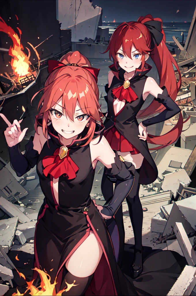 Highest quality, masterpiece, One Girl,Not beautiful, Red Ponytail, Long dress, brooch, Hair Ribbon, , Black knee socks, Standing on the rubble, (Wicked Smile:1.1), ,,Dark shadowed face,Sadistic smile,Malice,Contempt,smile,latex,Bad face,,Red Skirt,two hands,two legs,five fingers,evil background,elbow gloves,latex, Wicked Smile, devilish aura (Shiny fabric:1.5),Dark world background,独奏,