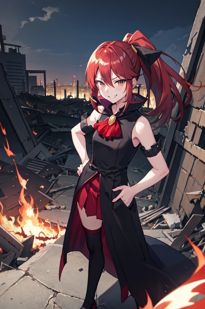 Highest quality, masterpiece, One Girl,Not beautiful, Red Ponytail, Long dress, brooch, Hair Ribbon, - Elbow hand pockets, Black knee socks, Standing on the rubble, Cityscape in a sea of fire, (Wicked Smile:1.1), Hands on hips,,Dark shadowed face,Sadistic smile,Malice,Contempt,smile,latex,Bad face,,Red Skirt,
