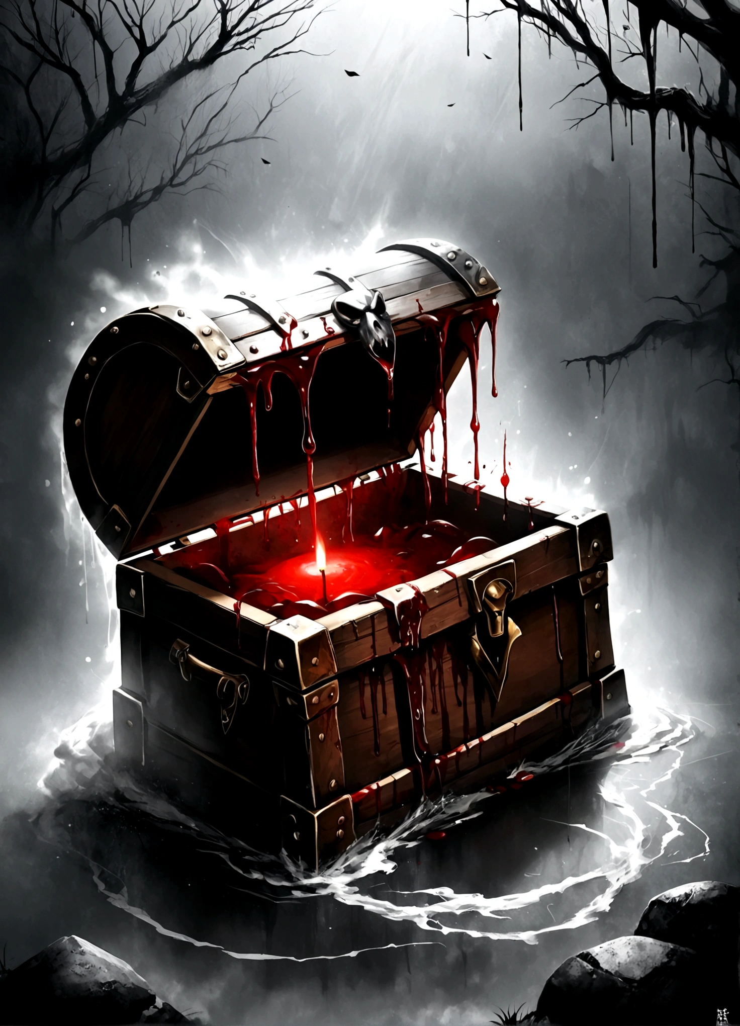 Draw a scene where a mimic chest is placed in a dimly lit place,(mimic chest,Treasure chest with fangs,There are blood stains on the surface),Add artistic effects to your background,Place vengeful spirits around you who are twitching with fear.,The vengeful spirits are drawn in white, crying black tears.,White whirlpool heading upwards,black mist,splash blood,decadently,fear,scream,suspicious,decadently,Blur in some places to express artistically