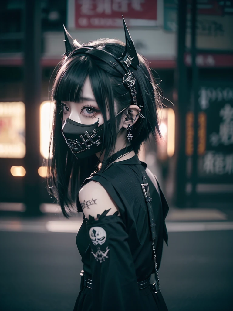 Highest quality、8K、masterpiece:1.3、Gothic Punk、The inside color is red、Black-haired、hair ornaments、Beautiful girl、creative、Dark Fantasy Style、Neogoth、Goth Fashion:1.2、High resolution、masterpiece、Highest quality、頭w:1.3、((Hasselblad Photos))、Fine skin、Sharp focus、(Cinematic lighting)、Realistic textured hair、((Black Mask)),Esbian all over、((View from below))