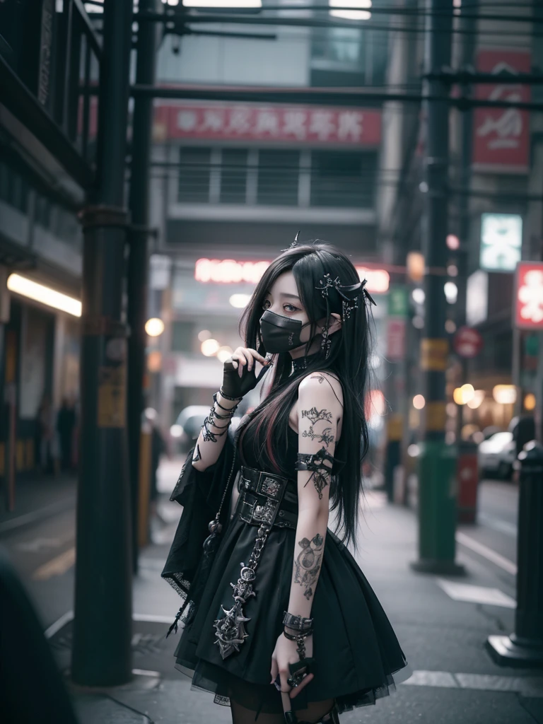 Highest quality、8K、masterpiece:1.3、Gothic Punk、The inside color is red、Black-haired、hair ornaments、Beautiful girl、creative、Dark Fantasy Style、Neogoth、Goth Fashion:1.2、High resolution、masterpiece、Highest quality、頭w:1.3、((Hasselblad Photos))、Fine skin、Sharp focus、(Cinematic lighting)、Realistic textured hair、((Black Mask)),Esbian all over、((View from below))