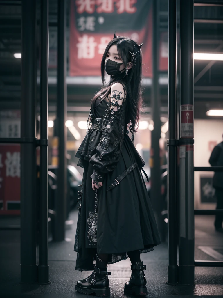 Highest quality、8K、masterpiece:1.3、Gothic Punk、The inside color is red、Black-haired、hair ornaments、Beautiful girl、creative、Dark Fantasy Style、Neogoth、Goth Fashion:1.2、High resolution、masterpiece、Highest quality、頭w:1.3、((Hasselblad Photos))、Fine skin、Sharp focus、(Cinematic lighting)、Realistic textured hair、((Black Mask)),Esbian all over、((View from below))