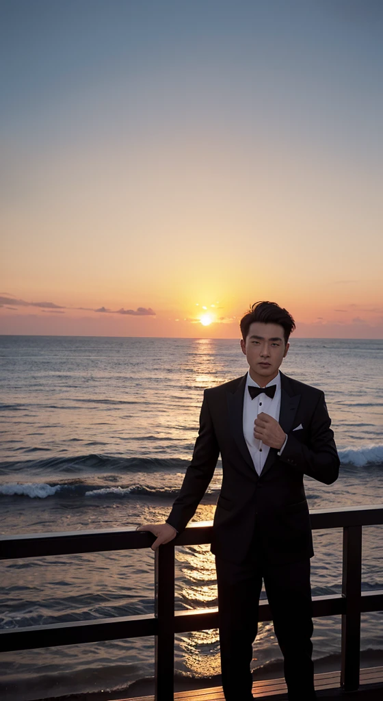 He stood on the deck,Wear black suit pants,Black shirt,black tie,Overlooking the sea and sunshine, with sunset, sunset, With the sunset,, gorgeous romantic sunset, Cinematic full shots, photo shoot, sunset, Stills, asian man, cool movie poses