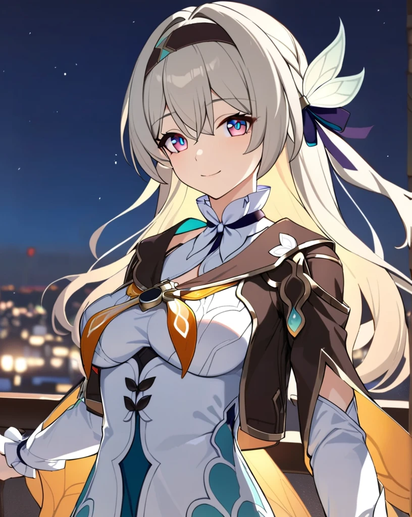 best quality, masterpiece, firefly \(honkai: star rail\), 1girl, solo, outdoor, beautiful city, looking at viewer, smile, closed mouth, high quality jacket,  high quality white dress, long sleeves, beautiful night sky, medium breasts, headband, best quality girl arms