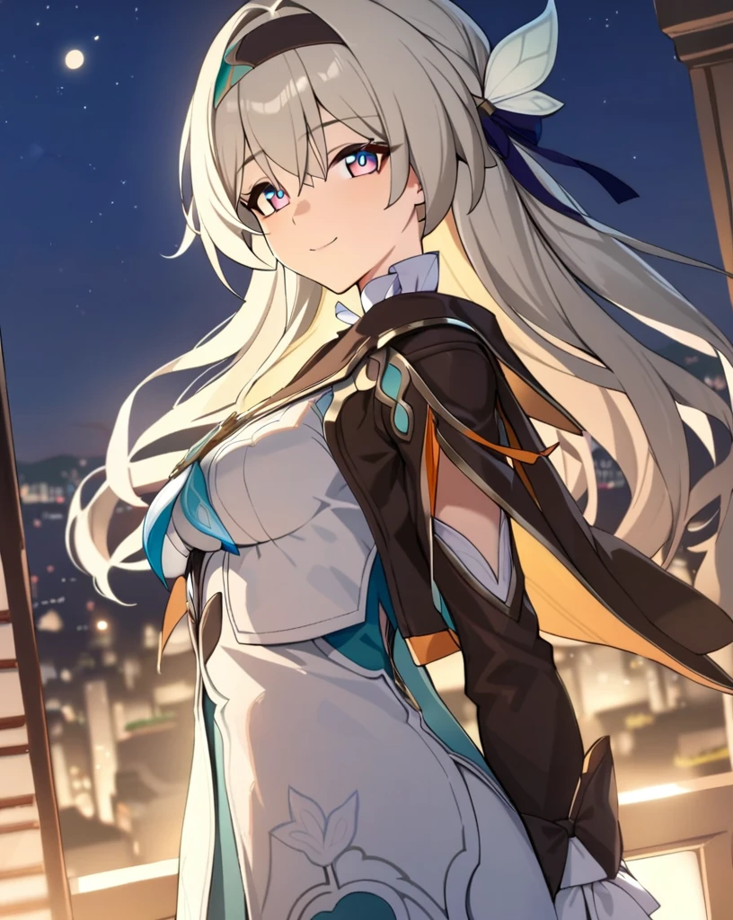 best quality, masterpiece, firefly \(honkai: star rail\), 1girl, solo, outdoor, beautiful city, looking at viewer, smile, closed mouth, high quality jacket, high quality white dress, long sleeves, beautiful night sky, medium breasts, headband, best quality girl arms