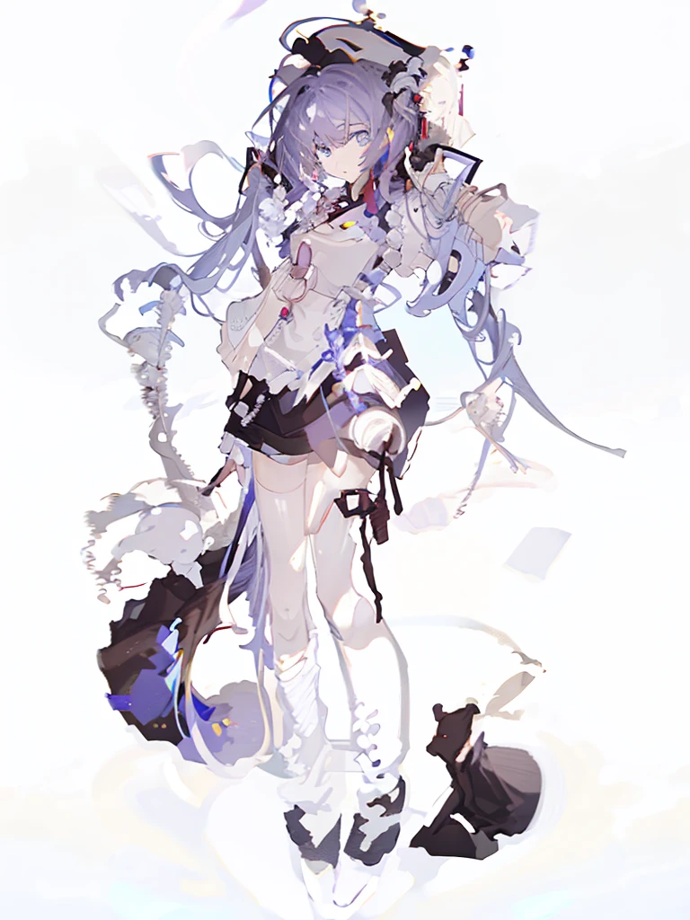 A girl，Standing picture，whole body，Character Design，Bow ruffles，Purple Hair，Double bun head，Chinese style，Button，Chinese knot，Candied Haws