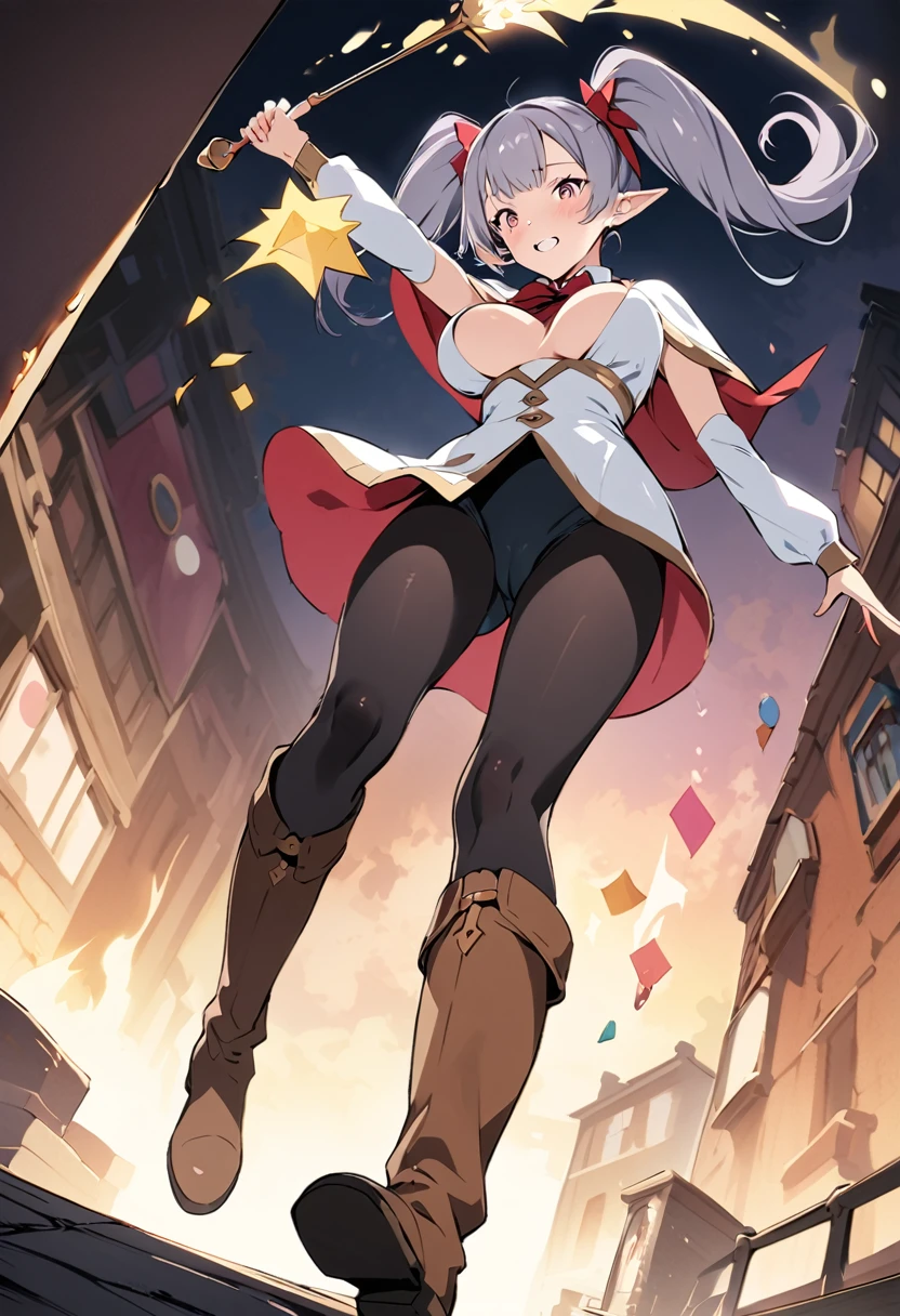 masterpiece, Highest quality, Illustration of the novel, High resolution, 18+ Adult content, Sensual, Intimate, Emotional, Passionate, romantic, sweet, Adorable, Innocent, Pure, charmな, charmな, charm, mysterious, charmな, charmな, Immersive, charmな, dream-like, Surreal, Imaginative, Whimsical, Artistic, Avant-garde, timeless, elegant, Sophisticated, chic, Sophisticated, Personality, original, charmな氷結, Pointy Ears, One Girl, Twin tails, Gray Hair, alone, Black pantyhose tearing, boots, Brown footwear, Capelet, knee boots, Magic wand, white Capelet, White jacket, Breaking, teeth, teeth focus, Camel Toe, From behind, ((Imitating breasts:1.3))Destroy,,Face Focus