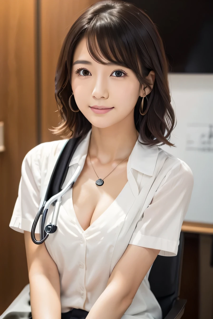 Beautiful young woman、 Japanese women、(sitting in a chair in the examination room)、Black Hair、Necklace around the neck、White、shirt、Cleavage、Stethoscope、Put the mask on by shifting it、short hair、Intricate details, Very detailed:1.2), 、 Looking into the camera,The background is the examination room...、ear piercing