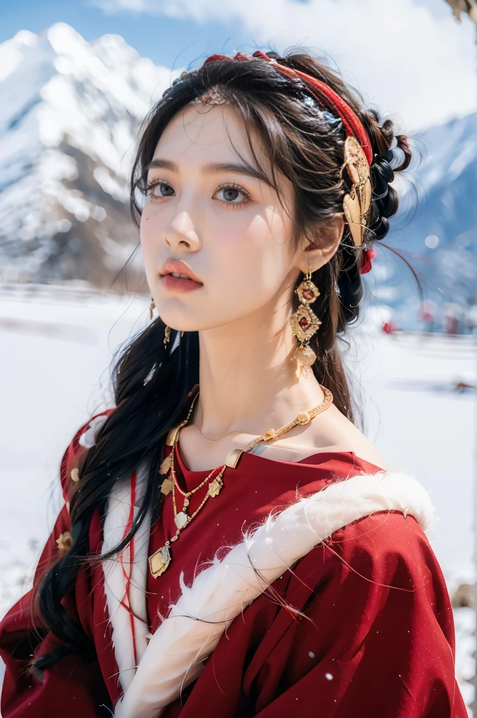 (masterpiece, best quality:1.2),red Tibetan clothing,1 Tibetan girl, blue sky, cloud, cloudy sky, day, earrings,Plush hat, horizon,Tibetan Earrings,jewelry,necklace, lips,snow mountain, outdoors, parted lips, red lips, solo,flat chest,close-up of face