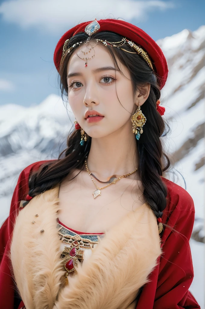 (masterpiece, best quality:1.2),red Tibetan clothing,1 Tibetan girl, blue sky, cloud, cloudy sky, day, earrings,Plush hat, horizon,Tibetan Earrings,jewelry,necklace, lips,snow mountain, outdoors, parted lips, red lips, solo,flat ,close-up of face