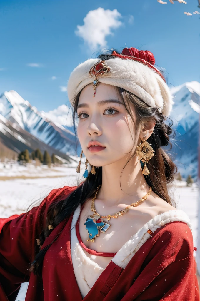 (masterpiece, best quality:1.2),red Tibetan clothing,1 Tibetan girl, blue sky, cloud, cloudy sky, day, earrings,Plush hat, horizon,Tibetan Earrings,jewelry,necklace, lips,snow mountain, outdoors, parted lips, red lips, solo,flat chest,close-up of face