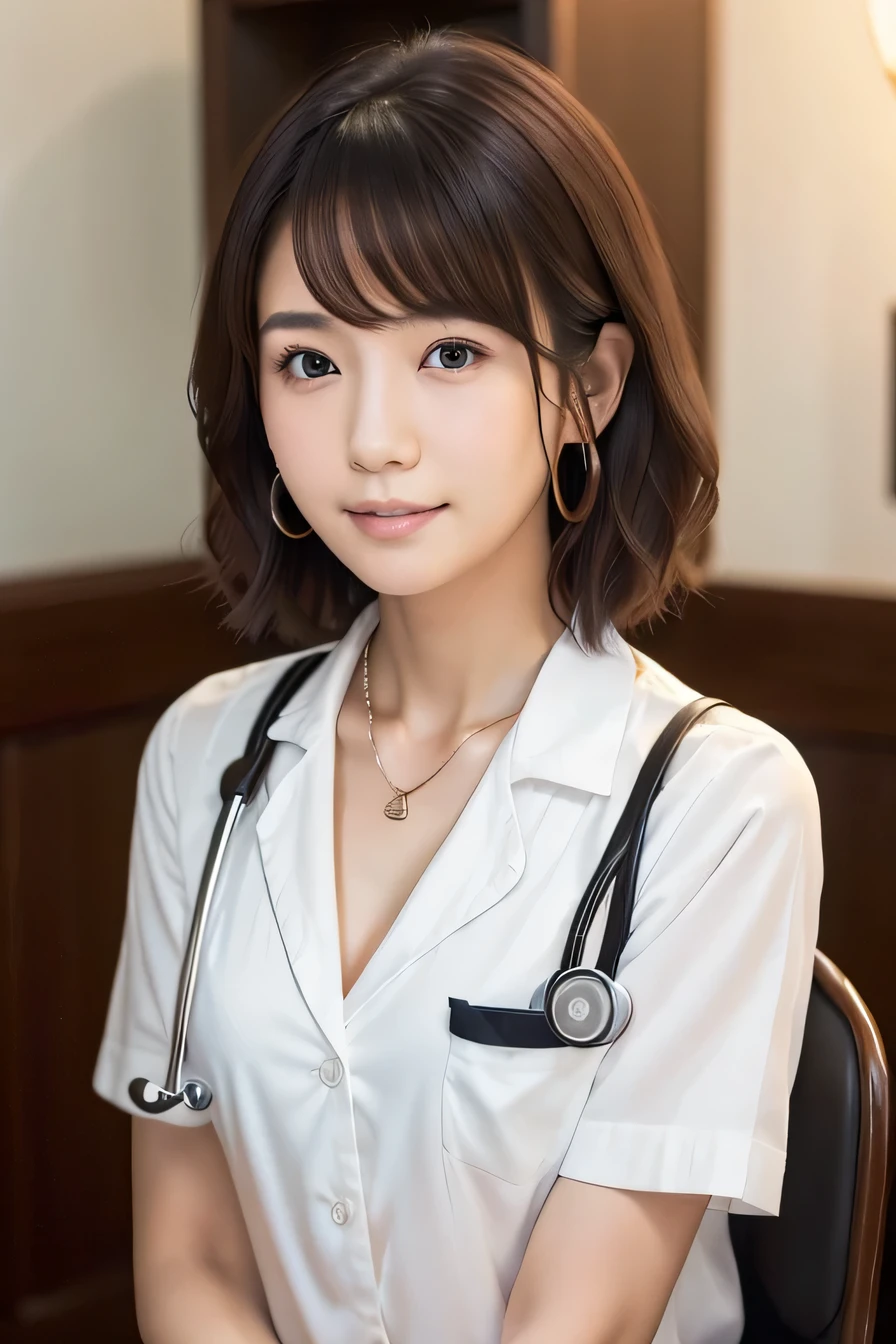 Beautiful young woman、 Japanese women、（sitting in a chair in the examination room）、Black Hair、Necklace around the neck、White、shirt、Cleavage、Stethoscope、Put the mask on by shifting it、short hair、Intricate details, Very detailed:1.2), 、 Looking into the camera,The background is the examination room...、ear piercing

