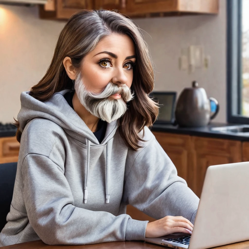 woman with a big gray beard, bobbed brown hair, hazel eyes, large rounded nose, behind her laptop, dressed in sweatshirt