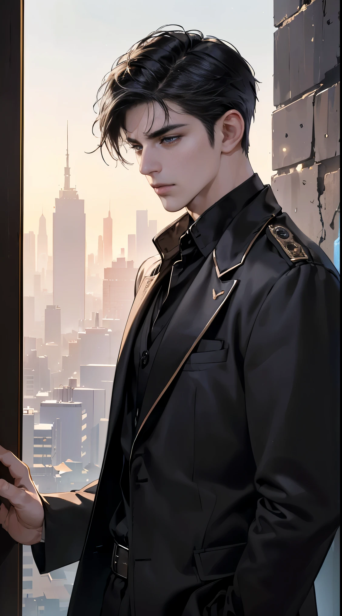 (best quality, masterpiece, 8 thousand, realistic, cinematic lighting, 1:4 HDR images, very detailed, beautiful photoature man, very handsome, ((cold expression)), black short hair, black eye, A perfect face without any mistakes, ((Buttoning my jacket, chief executive))