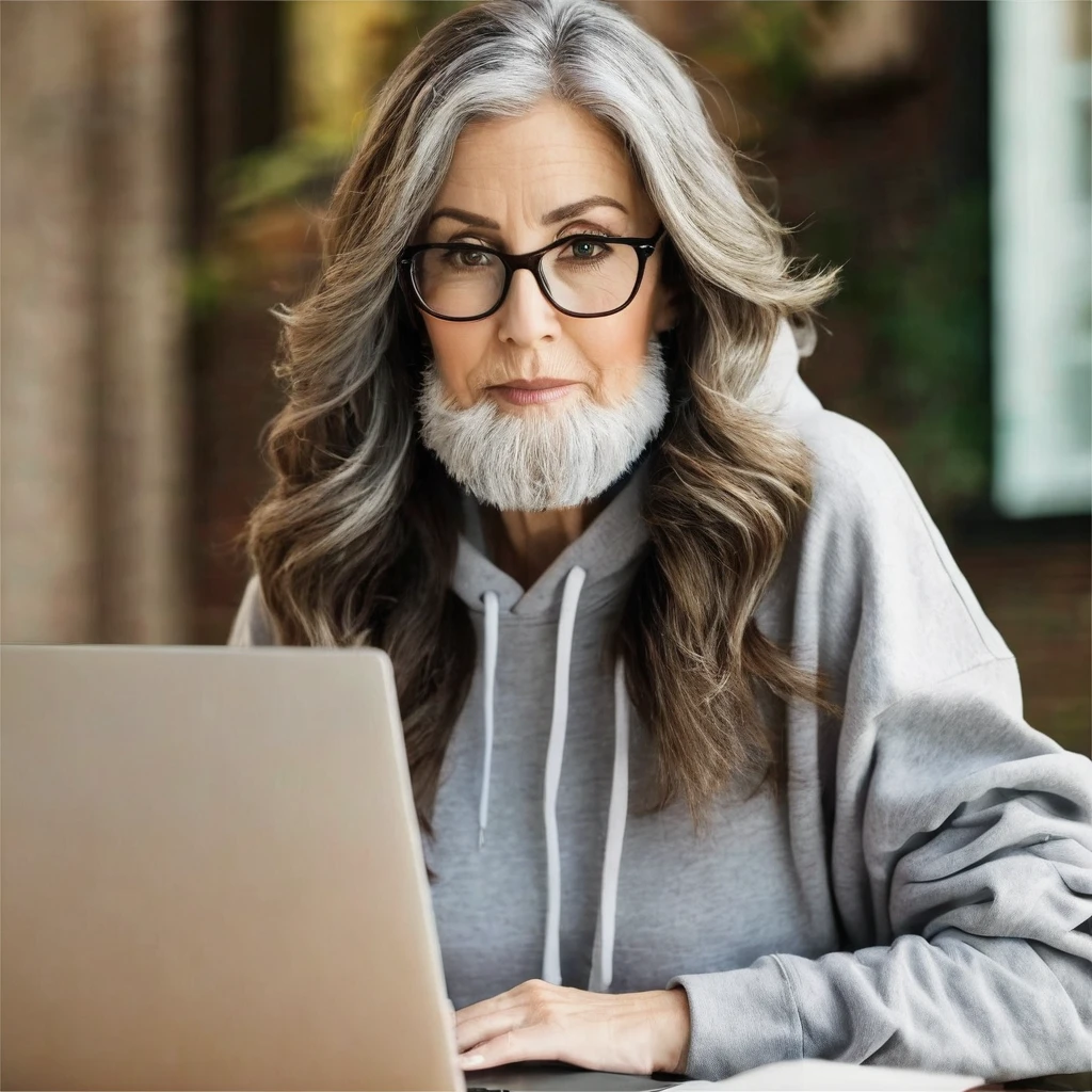 woman with a big gray beard, bobbed brown hair, hazel eyes, large rounded nose, behind her laptop, dressed in sweatshirt
