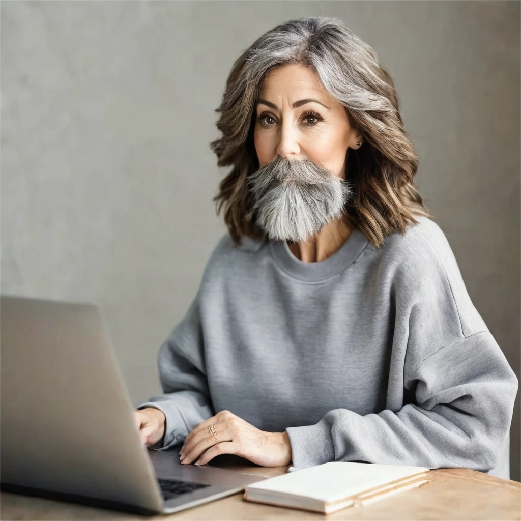 woman with a big gray beard, bobbed brown hair, hazel eyes, large rounded nose, behind her laptop, dressed in sweatshirt