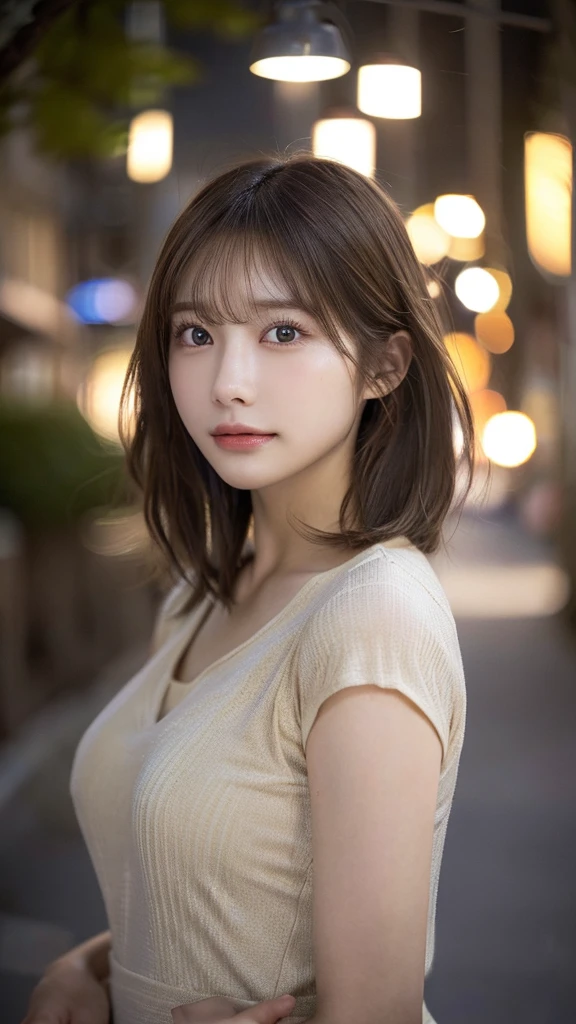 (highest quality,masterpiece:1.3,超A high resolution,),(super detailed,caustics),(Photoreal:1.4,RAW shooting,)ultra-realistic capture,very detailed,High definition 16K for human skin、 Natural skin texture、、Skin looks even-toned and healthy、 Use natural light and color,one woman,Japanese,,cute,brown hair,middle hair,(Depth of the bounds written、chromatic aberration、、wide range of lighting、natural shading、)、(outdoor lights at night:1.4)、(hair swaying in the wind:1)、short hair、revealing clothes、camisole