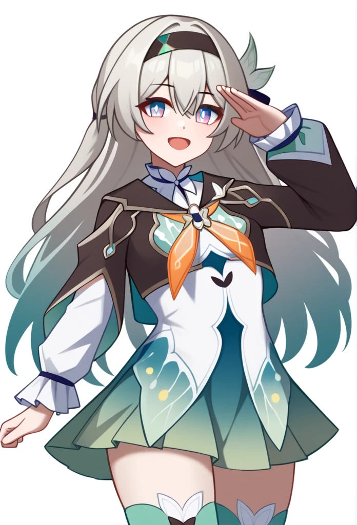 score_9,score_8_up,score_7_up,1girl, arm_up, blue_bow, blue_pupils, bright_pupils, brown_jacket, brown_sailor_collar, brown_scarf, clenched_hand, commentary, contrapposto, cropped_jacket, cropped_legs, d:, firefly_\(honkai:_star_rail\), gradient_hair, green_dress, green_hair, green_skirt, hair_flower, hairclip, henshin_pose, long_eyebrows, long_hair, looking_at_viewer, messy_hair, no_nose, open_mouth, orange_bow, outstretched_arm, pink_eyes, pleated_skirt, posing, purple_eyes, short_over_long_sleeves, simple_background, small_breasts, solo, straight-arm_salute, white_background, white_dress, white_hair, white_thighhighs, wide_sleeves, zettai_ryouiki