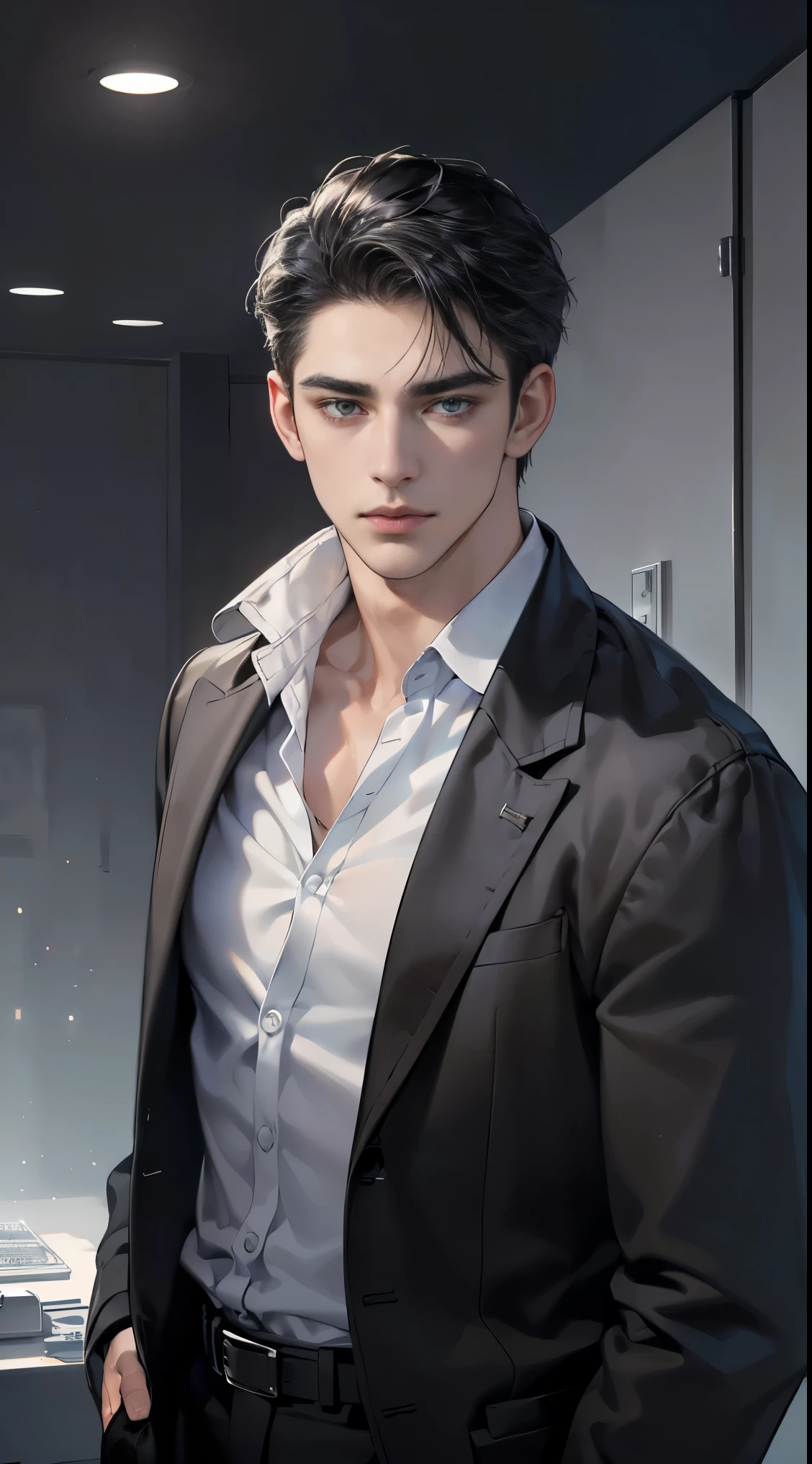 (best quality, masterpiece, 8 thousand, realistic, cinematic lighting, 1:4 HDR images, very detailed, beautiful photoature man, very handsome, ((cold expression)), black short hair, black eye, A perfect face without any mistakes, ((Buttoning my jacket, chief executive))