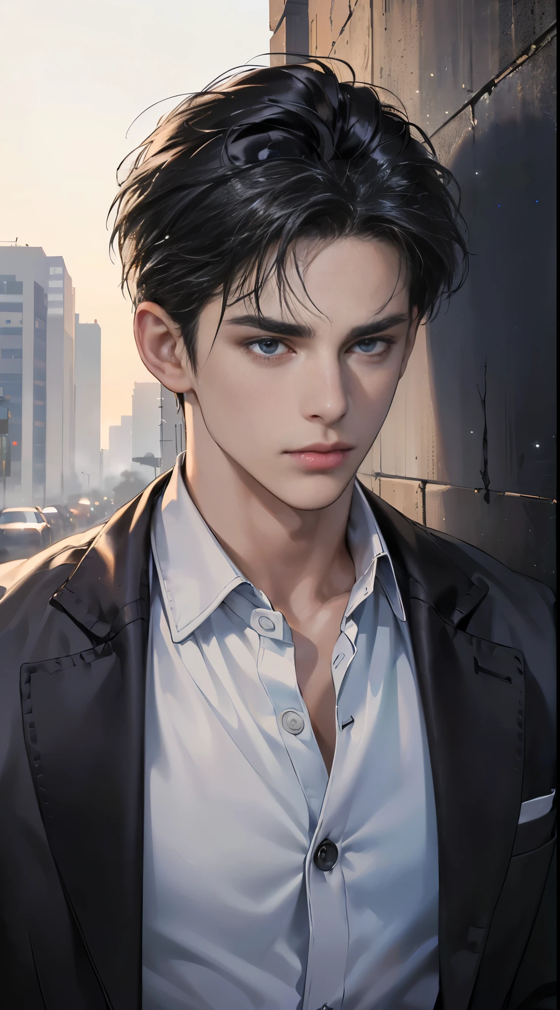 (best quality, masterpiece, 8 thousand, realistic, cinematic lighting, 1:4 HDR images, very detailed, beautiful photoature man, very handsome, ((cold expression)), black short hair, black eye, A perfect face without any mistakes, ((Buttoning my jacket, chief executive))