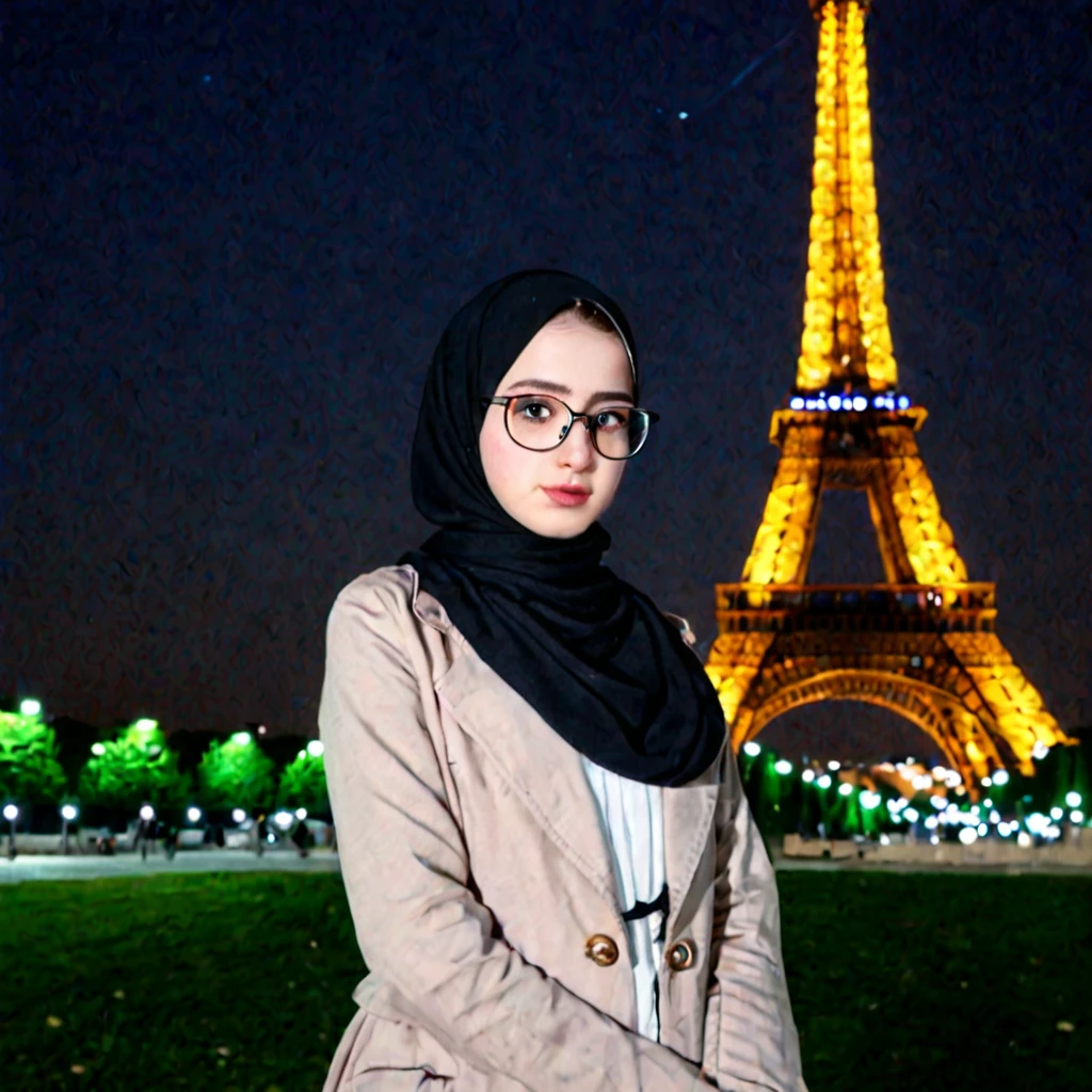 Slim fit weak Very Pale skin black eyebrows kurdish glasses teen in hijab standing front Eiffel tower at night