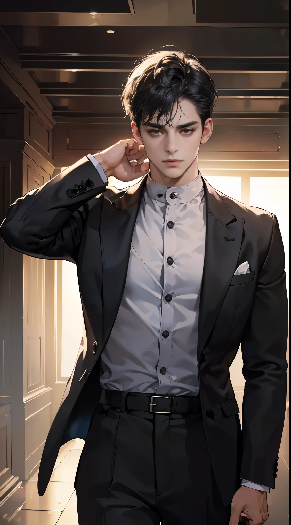 (best quality, masterpiece, 8 thousand, realistic, cinematic lighting, 1:4 HDR images, very detailed, beautiful photoature man, very handsome, ((cold expression)), black short hair, black eye, A perfect face without any mistakes, ((Buttoning my jacket, chief executive))