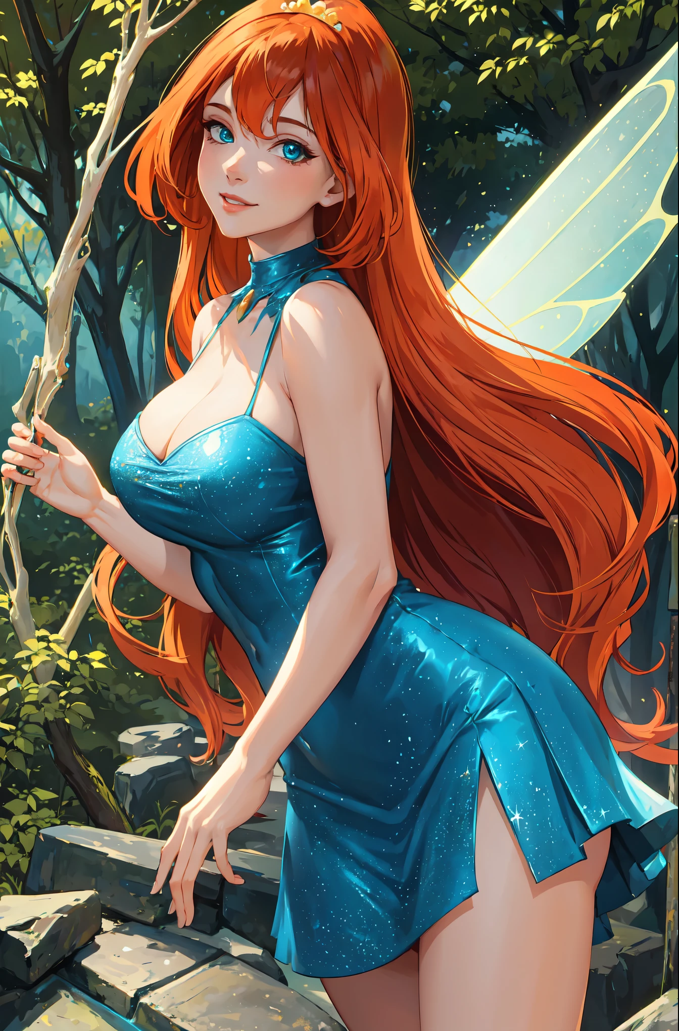 masterpiece, best quality, ultra-detailed, Bloom, milf, mature face, tall, thick, orange hair, blue eyes, bangs, long hair, fairy outfit, blue lingerie, sleeveless, blue skirt, sparkling clothing, fairy wings, tiara, standing, smile, in the forest, cowboy shot, realistic, volumetric lighting, intricate details, tonemapping, sharp focus, hyper detailed, Hot cleavage, Big breasts, 