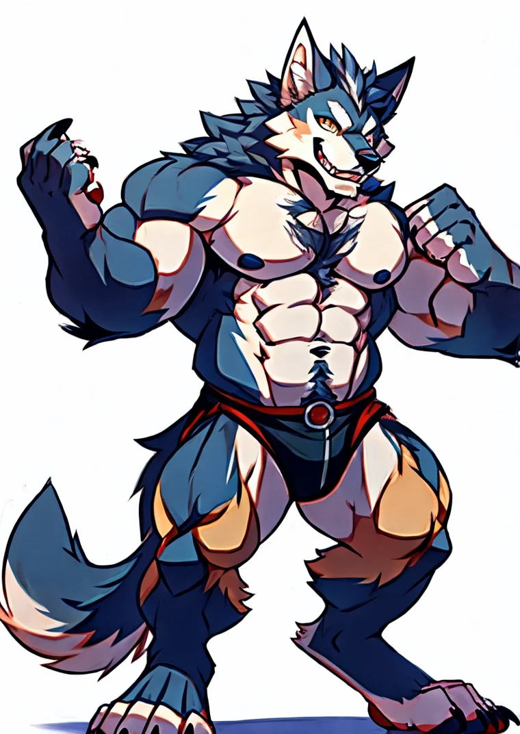 Human-wolf,musculous,Hairy all over,clawed paws,????? through