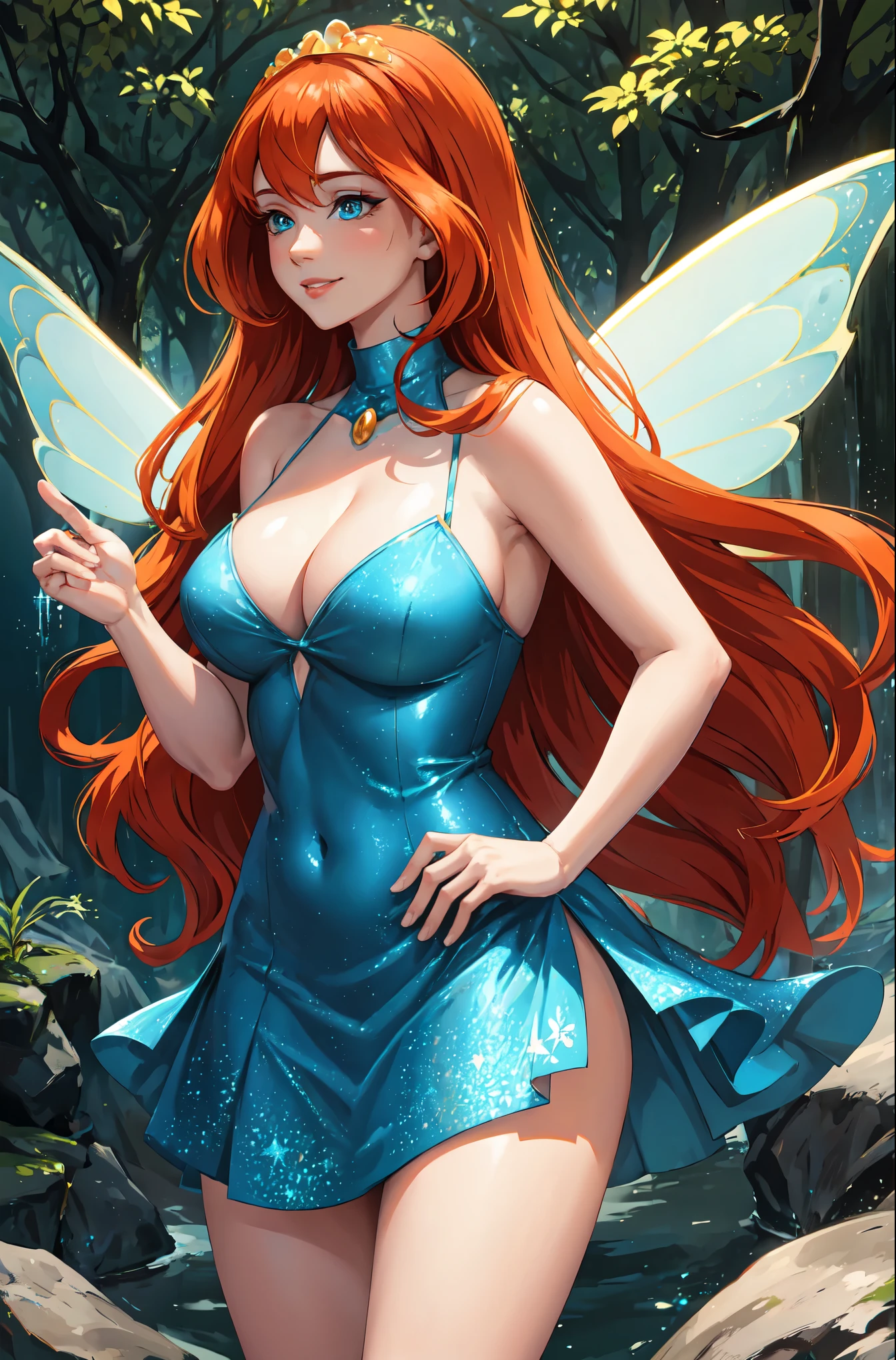 masterpiece, best quality, ultra-detailed, Bloom, milf, mature face, tall, thick, orange hair, blue eyes, bangs, long hair, fairy outfit, blue lingerie, sleeveless, blue skirt, sparkling clothing, fairy wings, tiara, standing, smile, in the forest, cowboy shot, realistic, volumetric lighting, intricate details, tonemapping, sharp focus, hyper detailed, Hot cleavage, ???????????, 