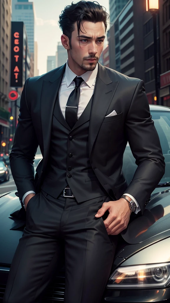 arafed man in a suit leaning on a car in a city, black luxurious suit, man in black suit, luxurious suit, neo - noir style, stylish suit, wearing a stylish men's suit, black suit, 3-piece-suit, formal attire, handsome and elegant, neo noir style, high - end fashion photoshoot, masculine appeal high fashion
