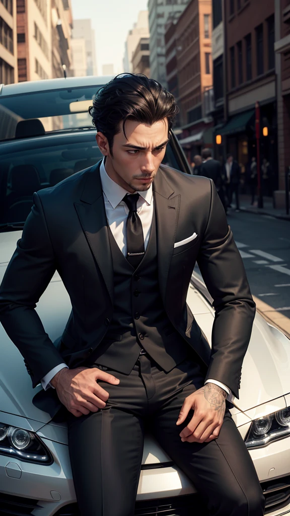 arafed man in a suit leaning on a car in a city, black luxurious suit, man in black suit, luxurious suit, neo - noir style, stylish suit, wearing a stylish men's suit, black suit, 3-piece-suit, formal attire, handsome and elegant, neo noir style, high - end fashion photoshoot, masculine appeal high fashion