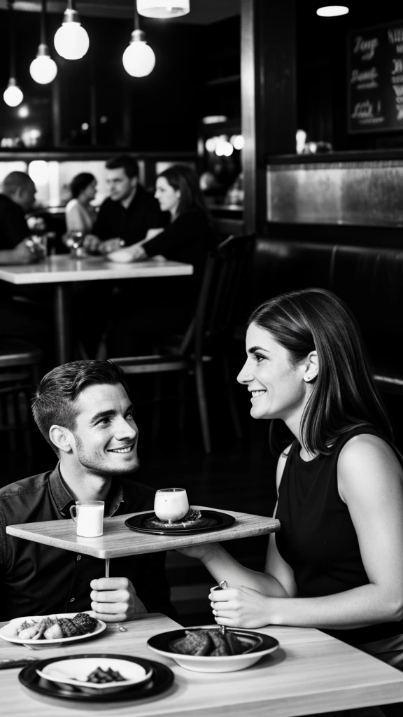 Couple,White people,Black and white photography,young,restaurant