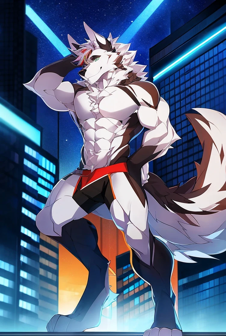 ((Solo)), male people, anthro wolf, (Multi-colored fur, White tail pointed), (Height 3meters,Tail length 2meters), Abs, pinginuscular, A long big tail, by patto, modern city