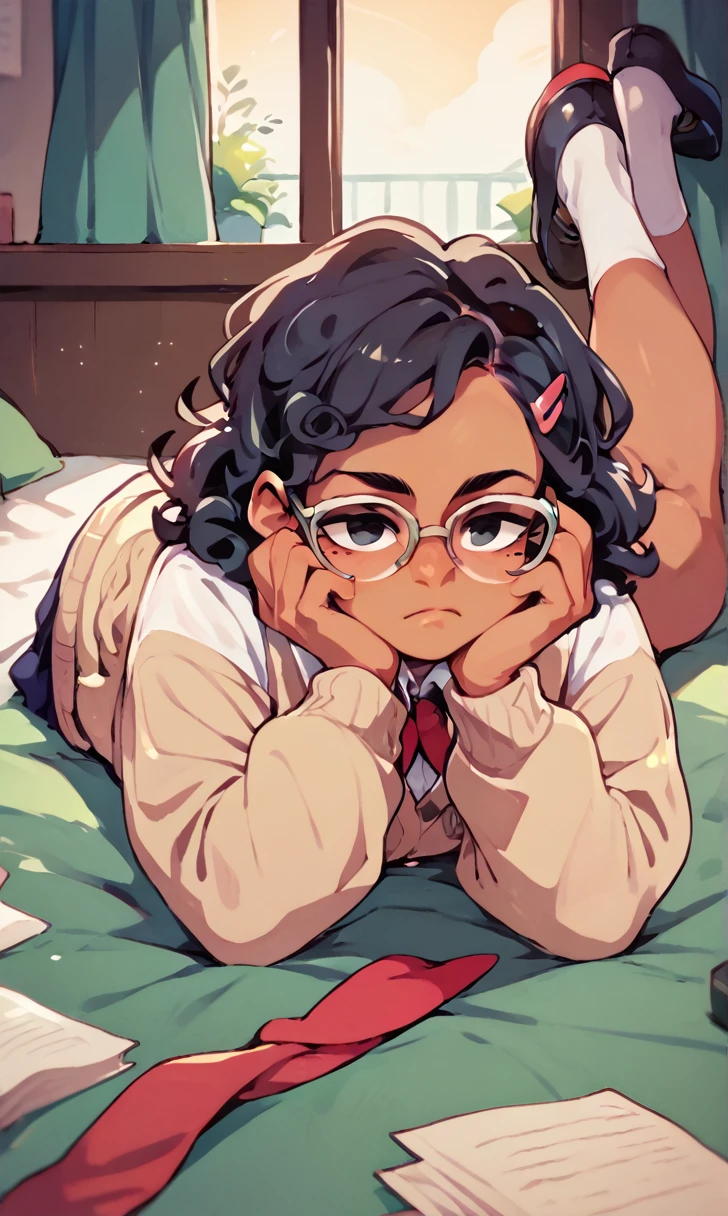 (score_9, score_8_up), score_7_up, score_6_up, score_5_up, score_4_up, 1girl, black hair, brown skin, hair ornament, hairclip, black eyes, curly hair, beige cardigan, cardigan, white shirt, red tie, glasses, lying on bed, on stomach, elbow rest, hands on chin, looking away, expressionless, white socks, black footwear, legs up, cheeks, pout, indoors, bedroom, close-up xaxaxa