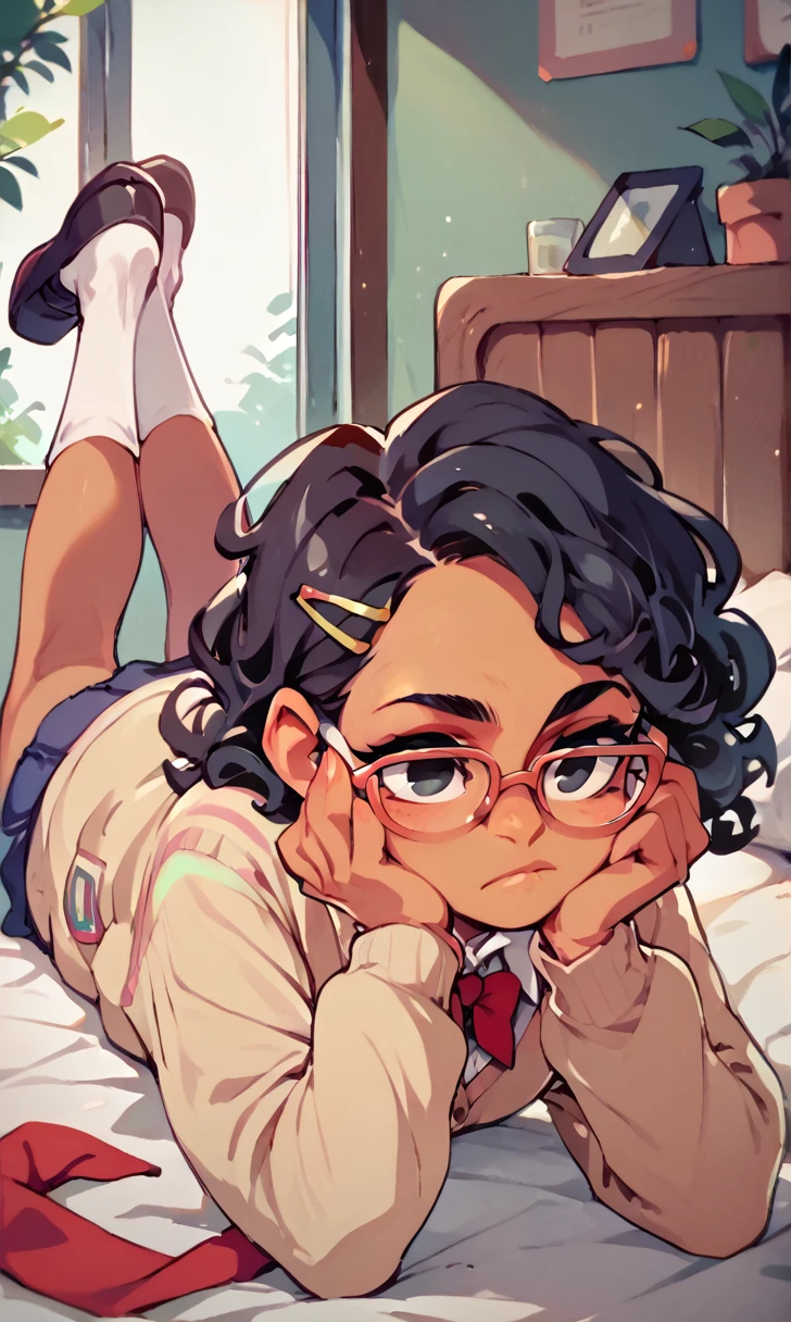 (score_9, score_8_up), score_7_up, score_6_up, score_5_up, score_4_up, 1girl, black hair, brown skin, hair ornament, hairclip, black eyes, curly hair, beige cardigan, cardigan, white shirt, red tie, glasses, lying on bed, on stomach, elbow rest, hands on chin, looking away, expressionless, white socks, black footwear, legs up, cheeks, pout, indoors, bedroom, close-up xaxaxa