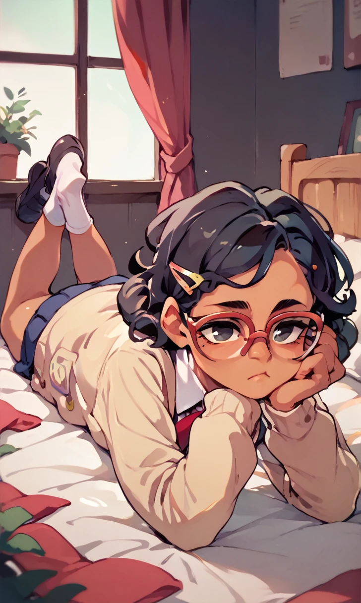 (score_9, score_8_up), score_7_up, score_6_up, score_5_up, score_4_up, 1girl, black hair, brown skin, hair ornament, hairclip, black eyes, curly hair, beige cardigan, cardigan, white shirt, red tie, glasses, lying on bed, on stomach, elbow rest, hands on chin, looking away, expressionless, white socks, black footwear, legs up, cheeks, pout, indoors, bedroom, close-up xaxaxa