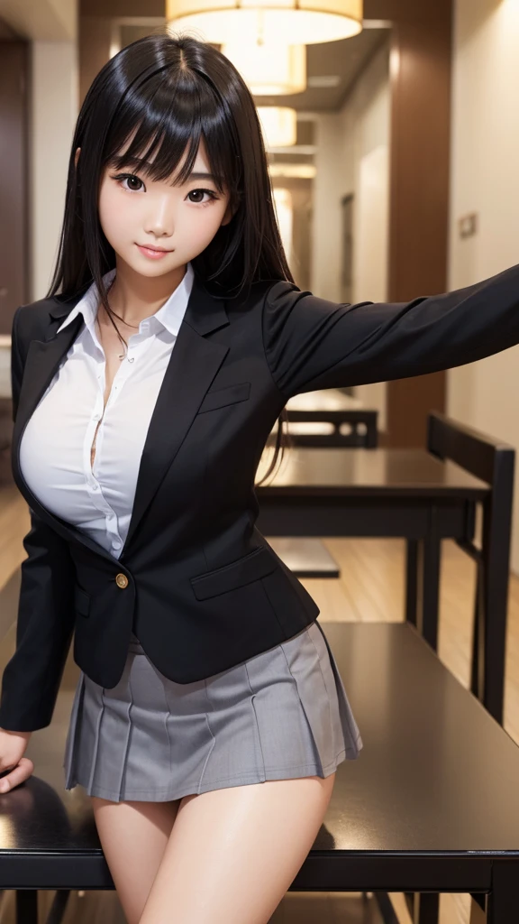 ((high quality)), ((Tabletop)), (Detailed face), (highlight), Asian Girl、Big breasts、thigh、Black Hair、Heavy bangs、high school girl、skirt、blazer、