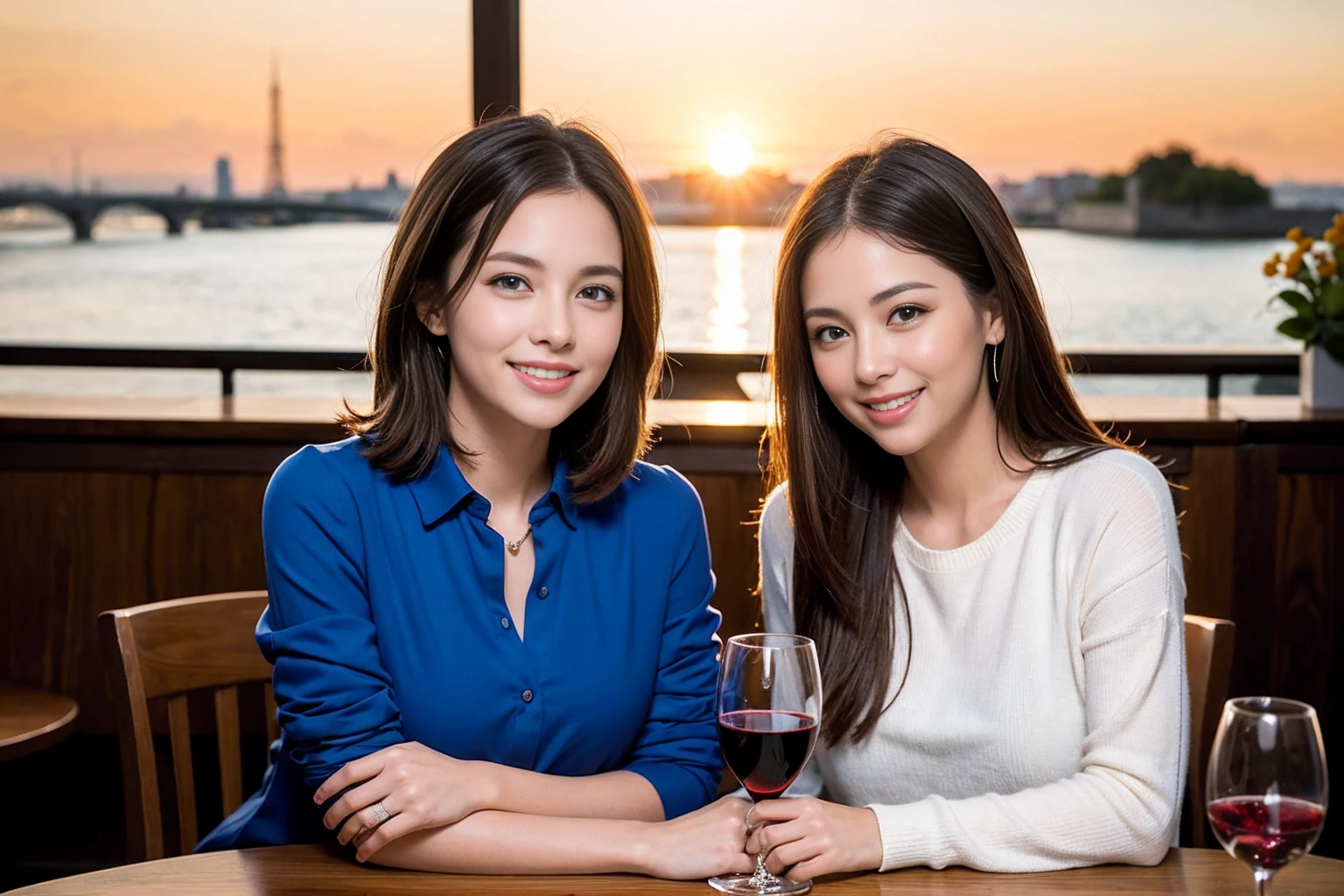 ((Highest quality、8K、masterpiece:1.3))、最高のsmile、1 male 1 female、Beautiful couple、love love love、Lovers in Paris、Good friends、actress couple、smile、Full-course dinner at a packed table、Brown Hair Couple、The body is スリム、((Bob Hale、Straight hair:1.2)), (Realistic, Intricate details:1.2), Wine glasses on the table、Shine light on your face、 Amazing view of the sunset sky and clouds、A bright smile、The wonderfulness of smile、Bright image、The beauty of wine, Beautiful Face, blue eyes, The light shines on your face, Blushing, short hair,Bright Face、 (Age 37), 39 years old, red wine 、Wine bottle、Champagne、sparkling wine、Two beauties、Brown Hair、Shortcuts、Long sleeve shirt、dress、Beautiful woman 1, (Slim face), (The body is スリム), (Brown Hair), (Shortcuts), cheeks turn a little red,Attractive beauty、restaurant,