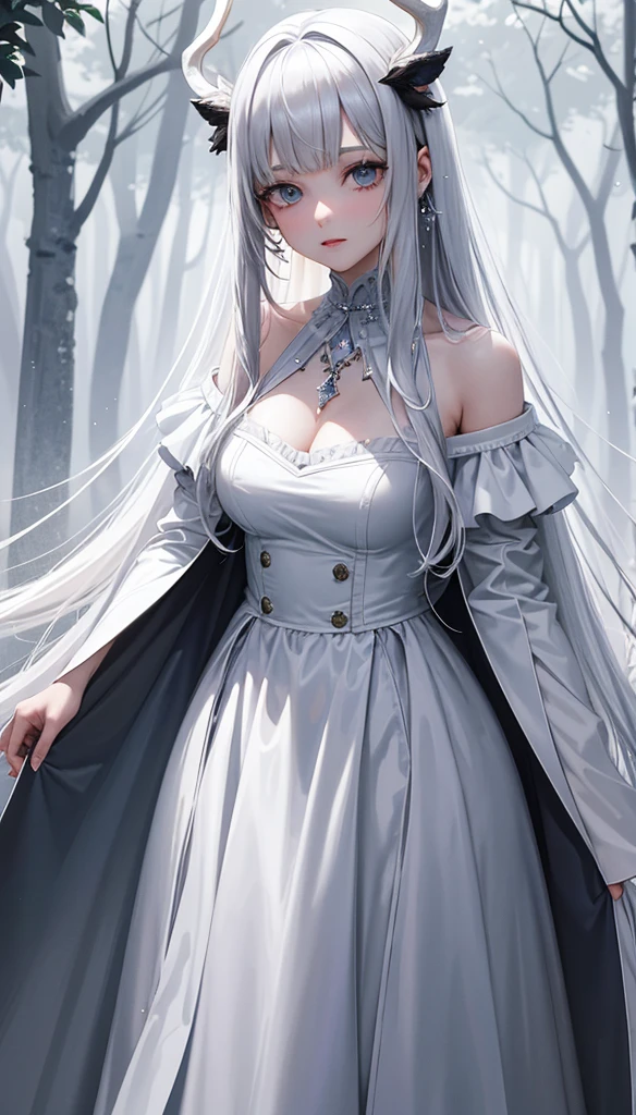 one-girl，deep in the night，Silver moonshine，glowworm，White skin，deer antlers，Messy bangs，Lake blue waist-length hair，flowy，French big waves，Silver-blue eyes，Silver and white long dress，Rhinestone pendants，Peerless beauty，gentleness，mature，Soft，Hazy moonlight，ln the forest，k hd，high detal，high qulity，Good atmosphere，delicated，cg render，detail render，（Delicate facial portrayal）（Fine hair portrayal）（highest  quality）（Master masterpieces）（High degree of completion）（a sense of atmosphere）