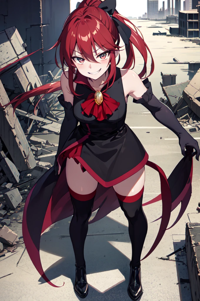 Highest quality, masterpiece, One Girl,Not beautiful, Red Ponytail, Long dress, brooch, Hair Ribbon, - Elbow hand pockets, Black knee socks, Standing on the rubble, Cityscape in a sea of fire, (Wicked Smile:1.1), ,,Dark shadowed face,Sadistic smile,Malice,Contempt,smile,latex,Bad face,,Red Skirt,