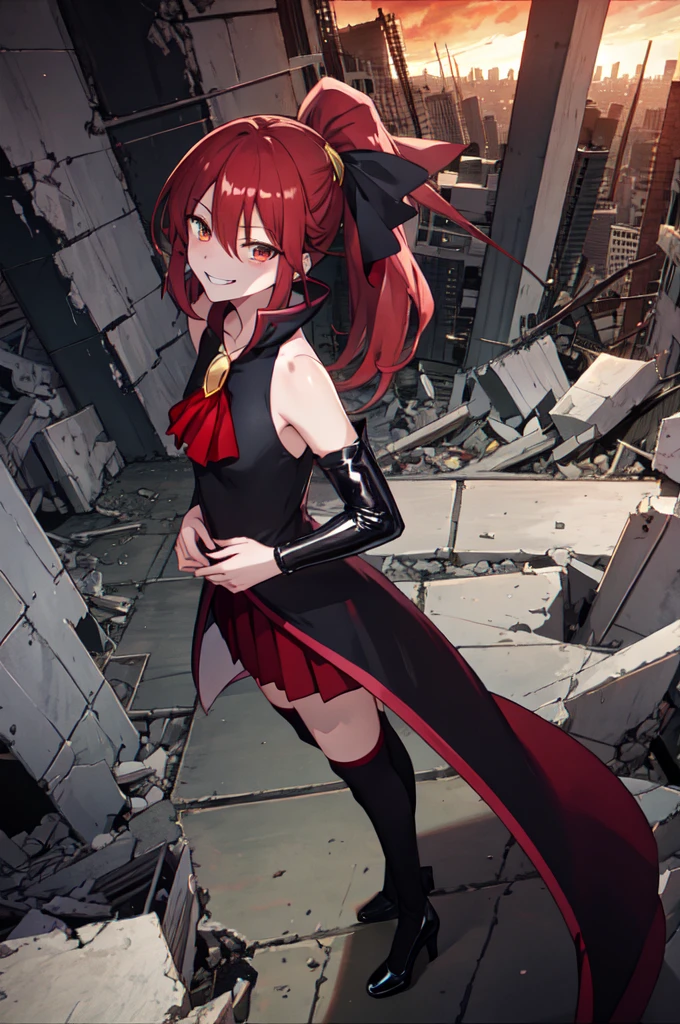 Highest quality, masterpiece, One Girl,Not beautiful, Red Ponytail, Long dress, brooch, Hair Ribbon, - Elbow hand pockets, Black knee socks, Standing on the rubble, Cityscape in a sea of fire, (Wicked Smile:1.1), ,,Dark shadowed face,Sadistic smile,Malice,Contempt,smile,latex,Bad face,,Red Skirt,