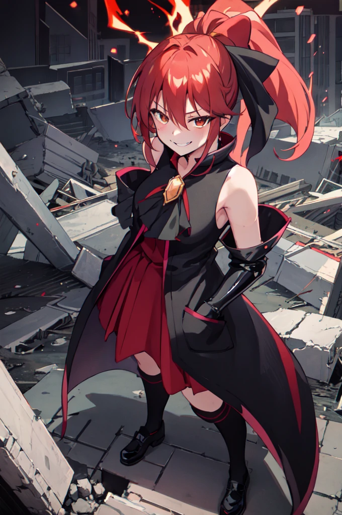 Highest quality, masterpiece, One Girl,Not beautiful, Red Ponytail, Long dress, brooch, Hair Ribbon, - Elbow hand pockets, Black knee socks, Standing on the rubble, Cityscape in a sea of fire, (Wicked Smile:1.1), ,,Dark shadowed face,Sadistic smile,Malice,Contempt,smile,latex,Bad face,,Red Skirt,