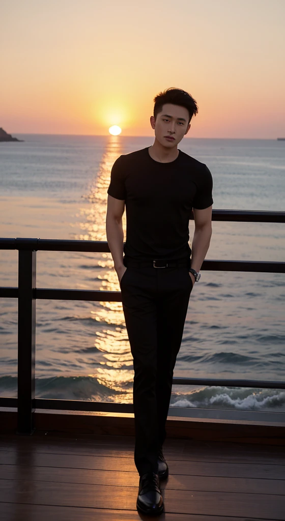 He stood on the deck，Wear black trousers，Black top，Overlooking the sea and sunshine, with sunset, sunset, With the sunset,, gorgeous romantic sunset, Cinematic full shots, photo shoot, sunset, Stills, asian man, cool movie poses