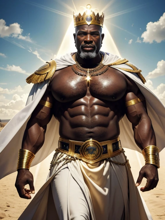 Hyperrealistic image of an elderly Senegalese man over 79 years old superhero king holy Christian martyr of the 2nd century AD imperial warrior with rays of light coming out of his bald body with a huge crown of gold and gems and a halo of light with rays on his super head heavy and very fat very handsome bodybuilder with huge, flaccid, very large pecs and very sweaty pointed nipples in a sky of very white clouds wearing only a leather and gold Roman skirt and a velvet cape over the shoulders with an ermine collar 