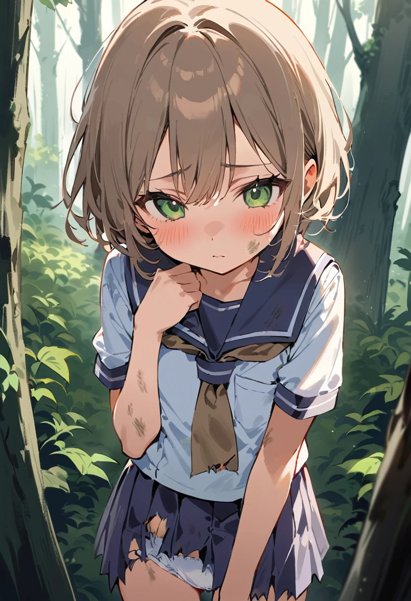 beautiful detailed girl,(masterpiece,best quality,extremely detailed:1.2),((cowboy shot:1.1)),(solo,10 years old,kawaii,slender,small :1.25),(pained look:0.8),((white ) in ((Torn school uniform)):2),(dirty:2),blush,shy,weep,standing,(deep forest:1.5),(hug:0.4),rating: general, newest, face,(primitive:1.1)
