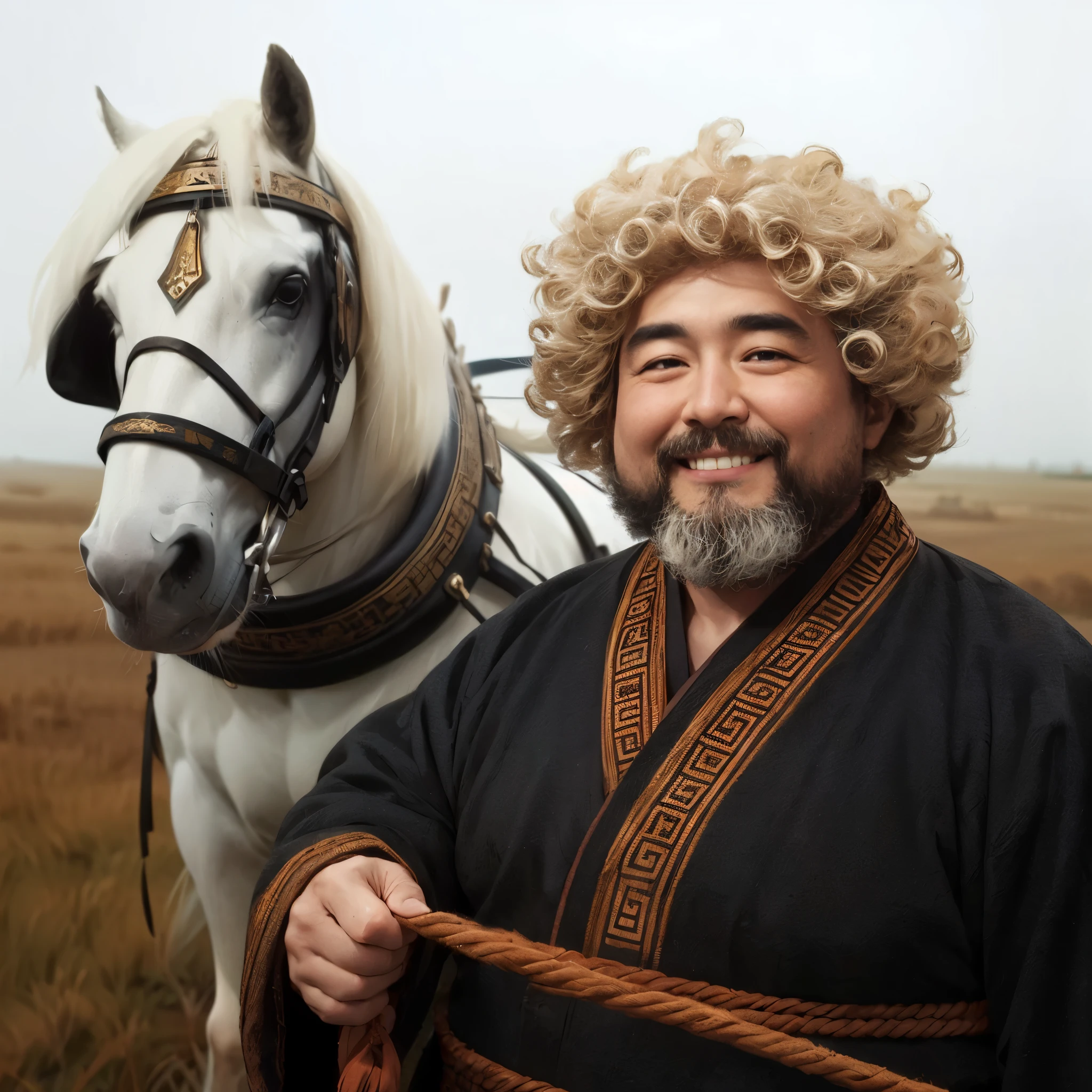 (Best Quality:1.2), (high resolution:1.2), (beautiful face and eye:1.2), (sharpest focus:1.2), (Ultra-realistic Photo:1.2), (Ultra-precise Photo:1.2), (Depth of field:1.2), (perfect :1.2), (nice hands:1.2), (perfect hands:1.2), 
(He is pulling a white horse of shining beauty and imposing stature:1.0), (A short, small, fat, mature Chinese man in ordinary clothes of a dull commoner of the Song dynasty in China:1.0), (Frizzy dull golden short hair and beard:1.0),
(a contemptible but somehow charming smile:1.5), (Artistic and elaborate :1.0), (Endless meadows with sun shining:1.0), 