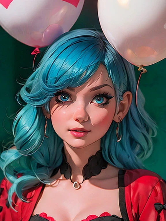 A clown with blue hair and red clown make-up、Surrounded by red balloons, Cutecore Pierrotcore, 不気味なClown Girl, Scary Clown, Clown Girl, Detailed painting 4k, Portrait of Des Pierrot, Artstation Contest Winner, Goth Clown Girl, deviantart artstation cgscosiety, cgsociety contest winner!!, cgsociety contest winner!!!, y 2 k cutecore crowncore,whole body
