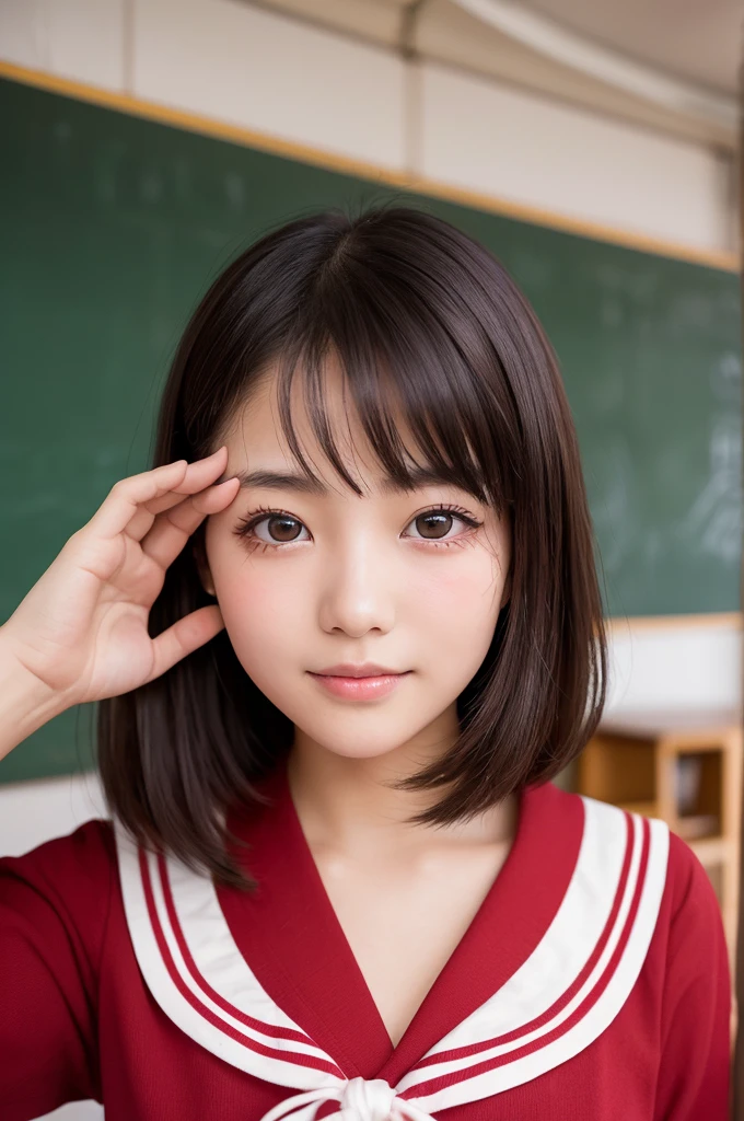 (1 Girl )、(Beautiful Japanese、18years old,round face、Refreshing、clear、seems kind、stylish、Pitiful、cute like an angel、cute、black eyes、(Single eyelid:1.6)、Beautiful skin), {(Japan human face:1.4),(General facial features)} , (((Beautiful :0.4))),(((soft ))),(very cute),(short hair),(enchanting eyes),(highlight on eyes:1.2)、(8K、Live shooting、highest quality、masterpiece:1.2、optimal lighting)、((masterpiece)),(Photo taken by a professional photographer),(real、photo real:1.4),BREAK,{(cute Japanese high school sailor uniform),((traditional Sailor Suit:1.0))},(cheeks are red:1.3), BREAK, BREAK,Face shot:1.3、 face close-up,Looking at viewer,smile、Japan,morning、Summer、from above、Japanese high school classroom,(((1970s vibe)))