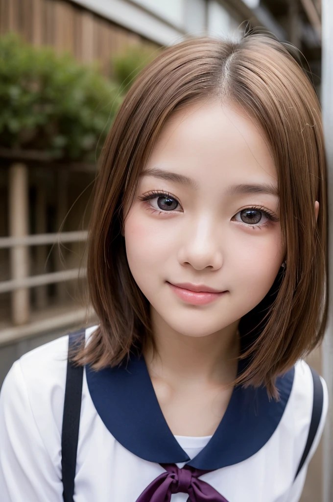 (1 Girl )、(Beautiful Japanese、18years old,round face、Refreshing、clear、seems kind、stylish、Pitiful、cute like an angel、cute、black eyes、(Single eyelid:1.6)、Beautiful skin), {(Japan human face:1.4),(General facial features)} , (((Beautiful breasts:0.4))),(((soft breasts))),(very cute),(short hair),(enchanting eyes),(highlight on eyes:1.2)、(8K、Live shooting、highest quality、masterpiece:1.2、optimal lighting)、((masterpiece)),(Photo taken by a professional photographer),(real、photo real:1.4),BREAK,{(cute Japanese high school sailor uniform),((traditional Sailor Suit:1.0))},(cheeks are red:1.3), BREAK, BREAK,Face shot:1.3、 face close-up,Looking at viewer,smile、Japan,morning、Summer、from above、Japanese high school classroom,(((1970s vibe)))